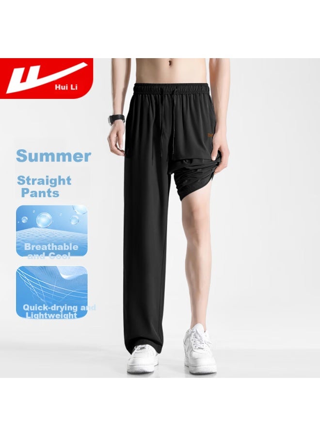 Pull Back Warrior Casual Pants Men's Summer Trendy Breathable Straight Wide Leg Ice Silk Pants Men's Versatile Men's Pants Black 4XL - Image 1