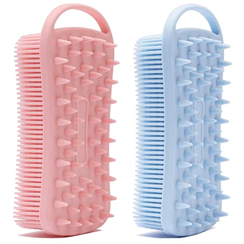 MtBoi 2 PC Silicone Exfoliating Body Scrubber, 2 in 1 Silicone Body Shampoo Brush, Soft Silicone Loofah for Sensitive Skin, Shower Silicone Hair Scalp Massager, Easy to Clean, Lather Well (Pink&Blue) - Image 1