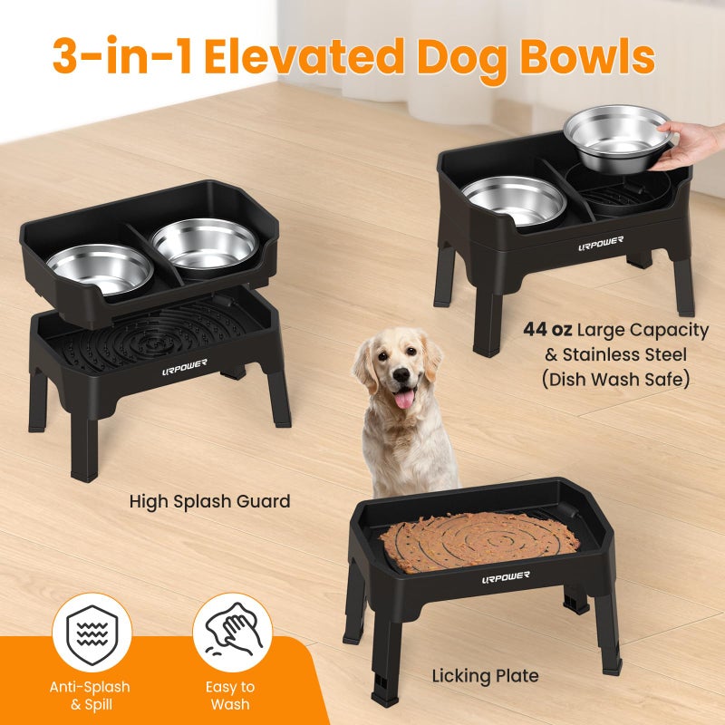 URPOWER 3-in-1 Elevated Dog Bowls - Mess Proof Double Deck 4 Height Adjustable Raised Stand with 2 Stainless Steel Food Bowls & Licking Plate for Small, Medium & Large Dogs - Image 4