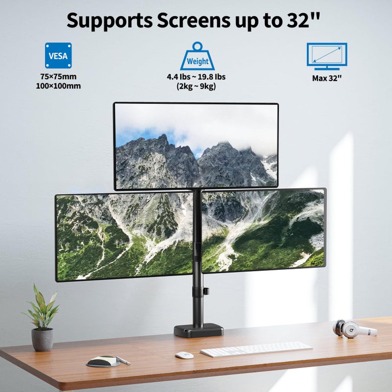 ErgoFocus Triple Monitor Mount Fits Max 32" Computer Screen, Holds up to 17.6lbs Each Arm, 3 Monitor Desk Mount, Triple Stand with Tilt Swivel Rotation, VESA Mount 75/100mm - Image 2