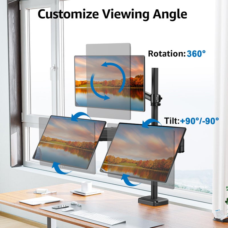 ErgoFocus Triple Monitor Mount Fits Max 32" Computer Screen, Holds up to 17.6lbs Each Arm, 3 Monitor Desk Mount, Triple Stand with Tilt Swivel Rotation, VESA Mount 75/100mm - Image 3