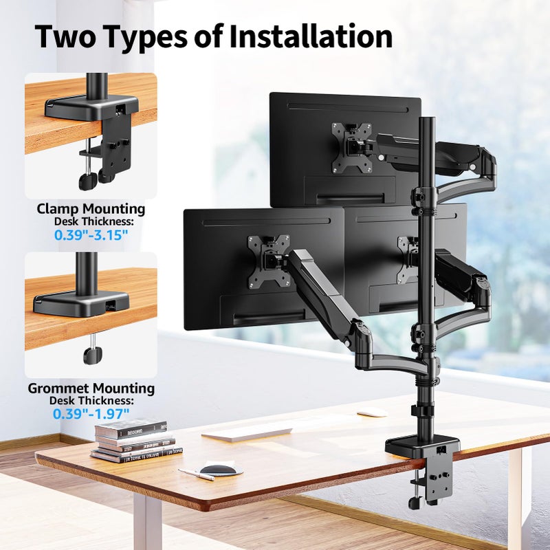ErgoFocus Triple Monitor Mount Fits Max 32" Computer Screen, Holds up to 17.6lbs Each Arm, 3 Monitor Desk Mount, Triple Stand with Tilt Swivel Rotation, VESA Mount 75/100mm - Image 4