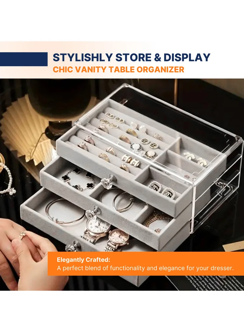 AC&L AC&L Acrylic Jewelry Organizer, Clear Stackable Jewelry Storage Case for Earrings, Necklace, Bracelet, Rings with Adjustable Velvet Trays For Women, Decor For Dresser Vanity (Grey)