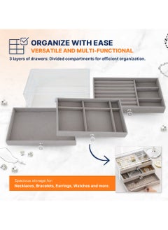 AC&L AC&L Acrylic Jewelry Organizer, Clear Stackable Jewelry Storage Case for Earrings, Necklace, Bracelet, Rings with Adjustable Velvet Trays For Women, Decor For Dresser Vanity (Grey)  - Image 5