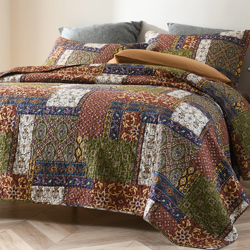 ENASAL Cotton Bedspread Quilt Bedding Sets Reversible Coverlet Comforters Brown Bohemian Patchwork Pattern Bedspread, King Size - Image 4