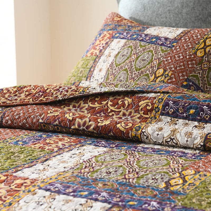 ENASAL Cotton Bedspread Quilt Bedding Sets Reversible Coverlet Comforters Brown Bohemian Patchwork Pattern Bedspread, King Size - Image 2