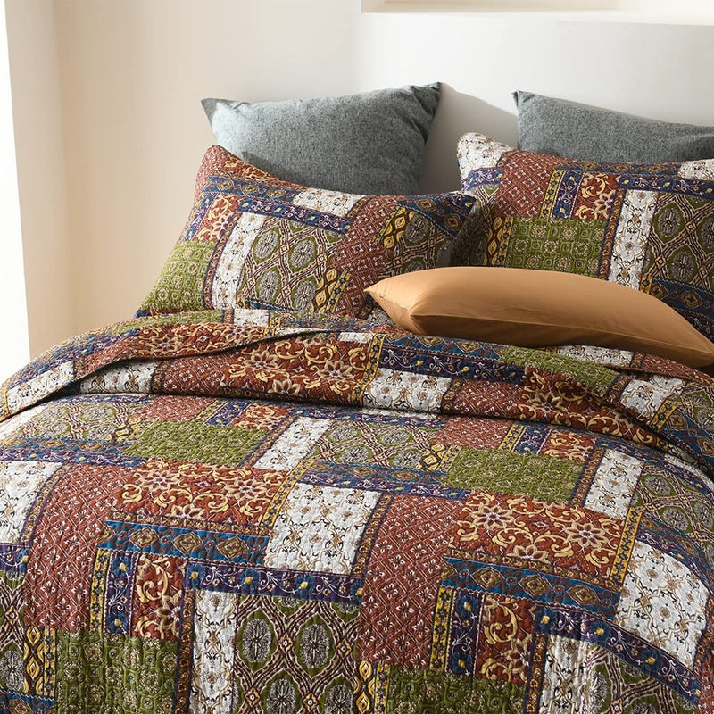 ENASAL Cotton Bedspread Quilt Bedding Sets Reversible Coverlet Comforters Brown Bohemian Patchwork Pattern Bedspread, King Size - Image 3