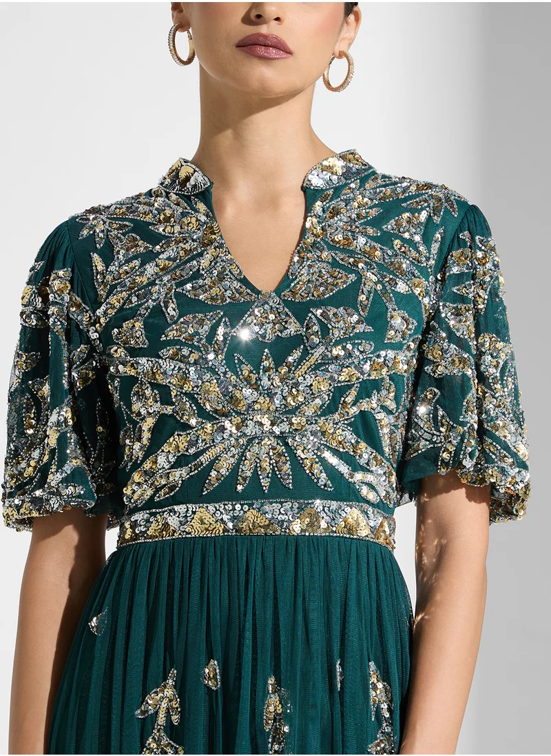 Frock and Frill Embellished Key Hole Neck Dress