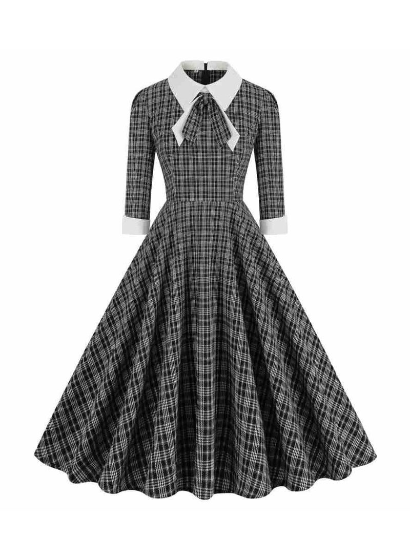 Shougu Shirt Collar Bow Plaid Long Sleeved Medium Length Dress For Women  - Image 1