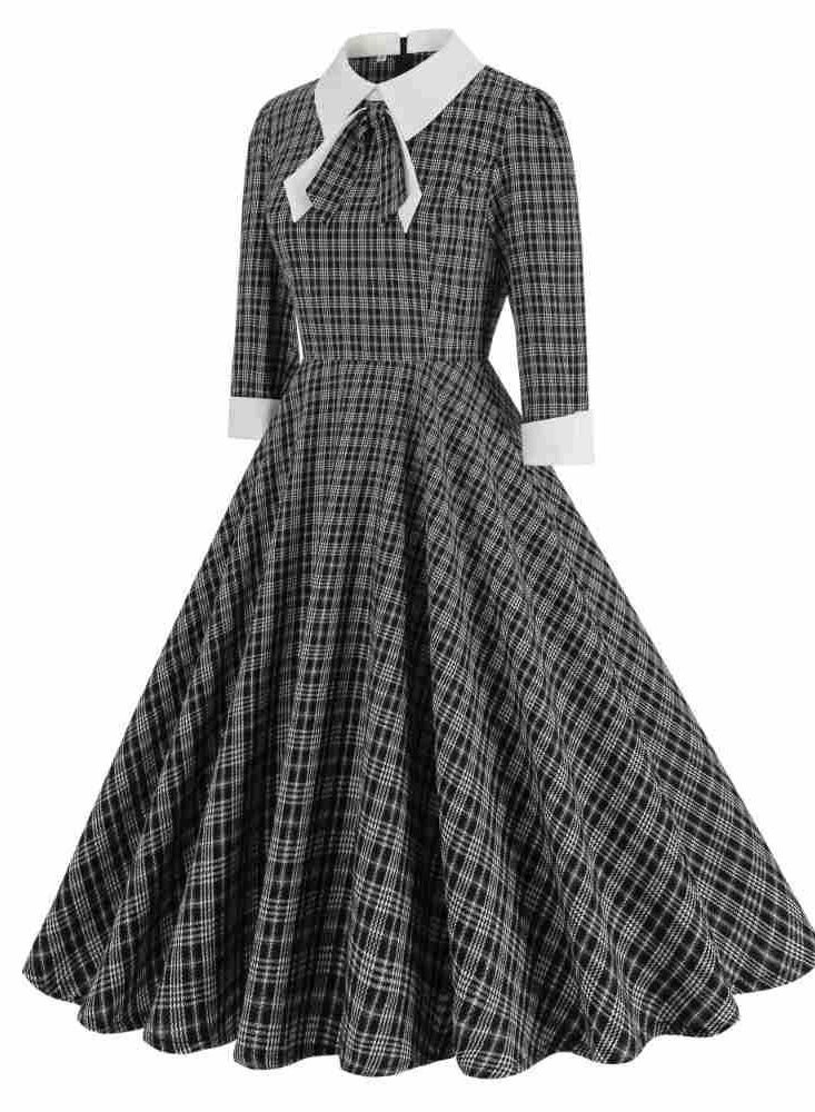 Shougu Shirt Collar Bow Plaid Long Sleeved Medium Length Dress For Women  - Image 2