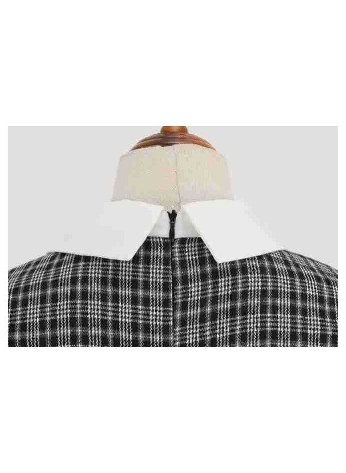 Shougu Shirt Collar Bow Plaid Long Sleeved Medium Length Dress For Women  - Image 4