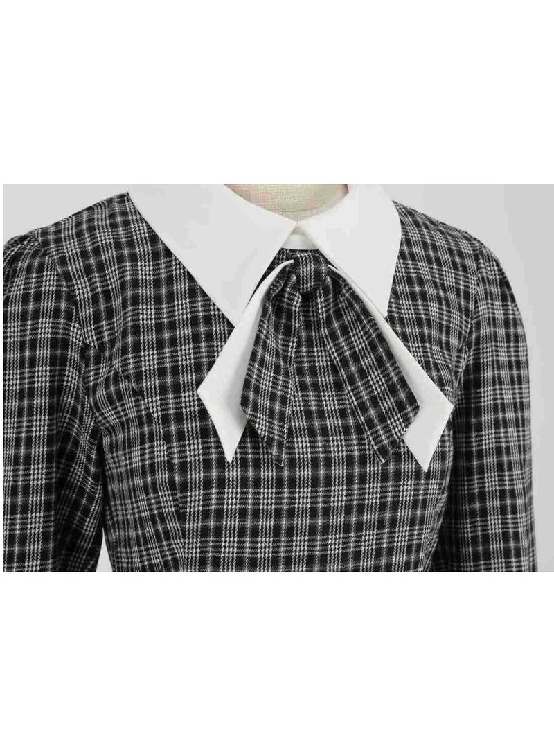 Shougu Shirt Collar Bow Plaid Long Sleeved Medium Length Dress For Women  - Image 5