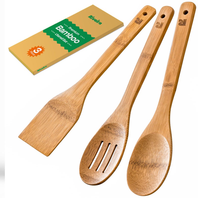 Riveira Dark Bamboo Wooden Spoons for Cooking 3-Piece, Apartment Essentials Wood Spatula Spoon Nonstick Kitchen Utensil Set Premium Quality Housewarming Gifts for Everyday Use - Image 1