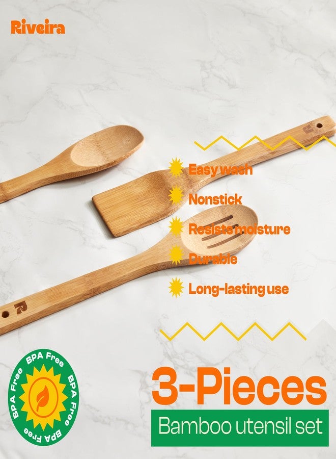 Riveira Dark Bamboo Wooden Spoons for Cooking 3-Piece, Apartment Essentials Wood Spatula Spoon Nonstick Kitchen Utensil Set Premium Quality Housewarming Gifts for Everyday Use - Image 4
