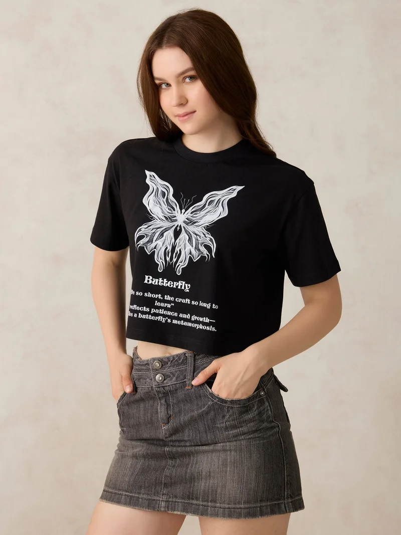 Outzidr  Black Cropped Graphic T-Shirt for Women | Best Price UAE