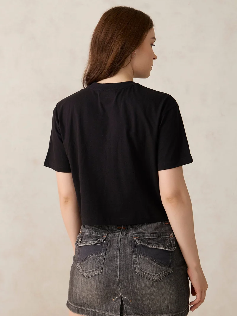 Outzidr  Black Cropped Graphic T-Shirt for Women | Best Price UAE
