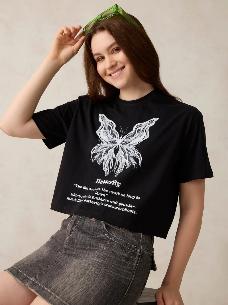 Outzidr  Black Cropped Graphic T-Shirt for Women | Best Price UAE