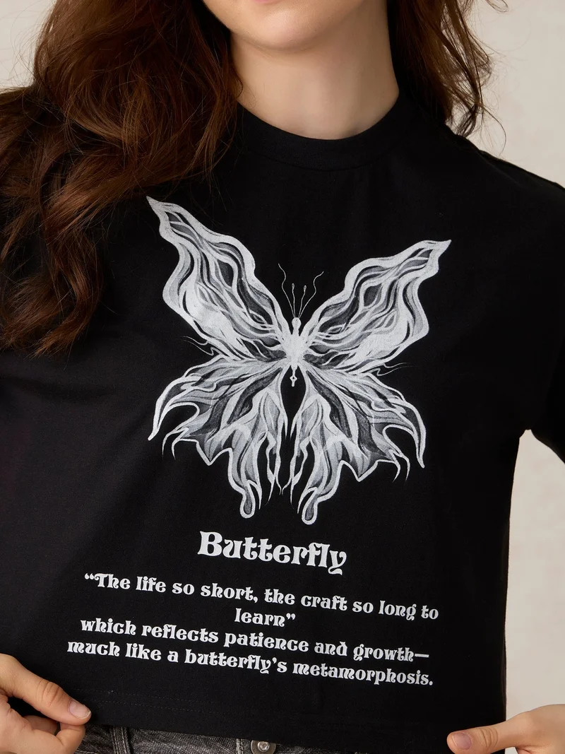 Outzidr  Black Cropped Graphic T-Shirt for Women | Best Price UAE