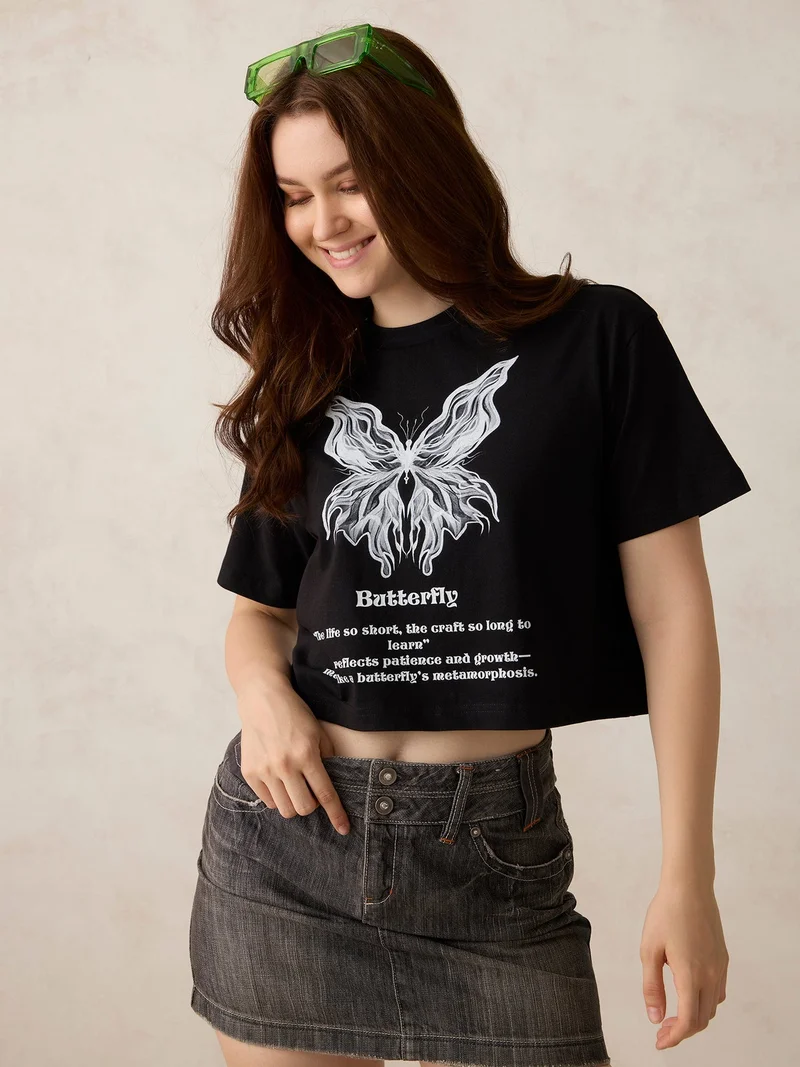 Outzidr  Black Cropped Graphic T-Shirt for Women | Best Price UAE