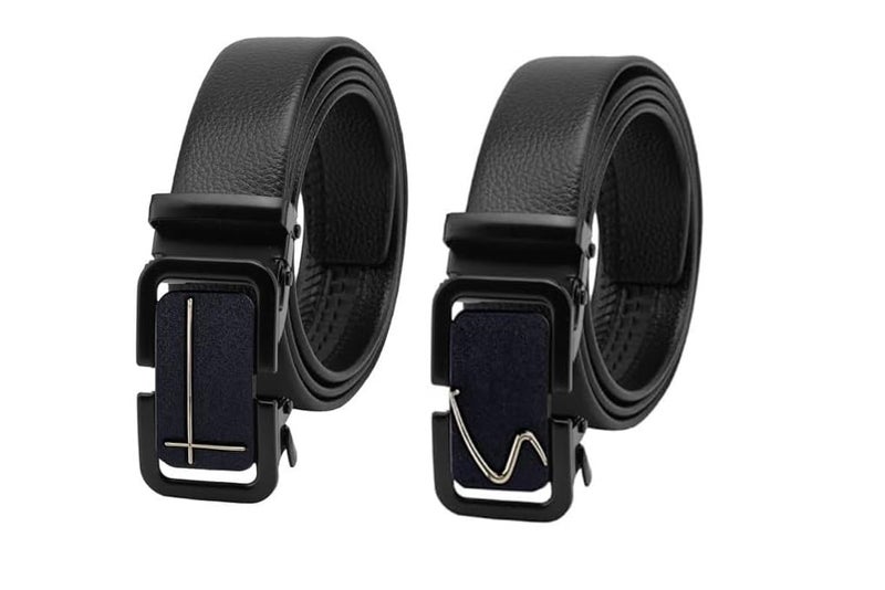 ZEVORA Men Leather Pack of 2 Auto Lock Belt, Black - Image 1