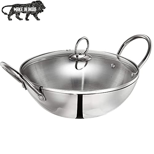 Blueberry's 24cm 2.25 Liter Heavy Weight Stainless Steel Kadhai Pan with Glass Lid(Silver) - Image 1
