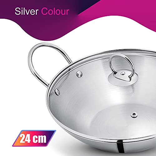 Blueberry's 24cm 2.25 Liter Heavy Weight Stainless Steel Kadhai Pan with Glass Lid(Silver) - Image 3