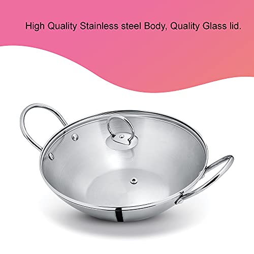 Blueberry's 24cm 2.25 Liter Heavy Weight Stainless Steel Kadhai Pan with Glass Lid(Silver) - Image 4
