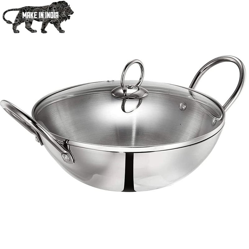 Blueberry's 24cm 2.25 Liter Heavy Weight Stainless Steel Kadhai Pan with Glass Lid(Silver) - Image 2