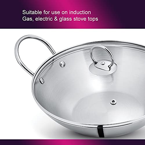 Blueberry's 24cm 2.25 Liter Heavy Weight Stainless Steel Kadhai Pan with Glass Lid(Silver) - Image 5