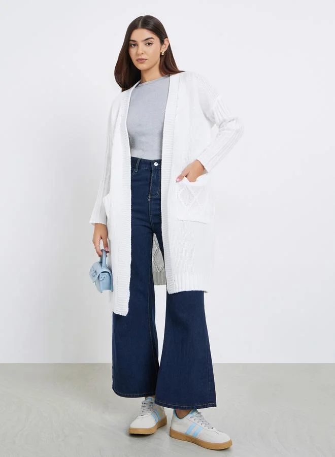 Take Two White Front Open Knit Midi Cardigan