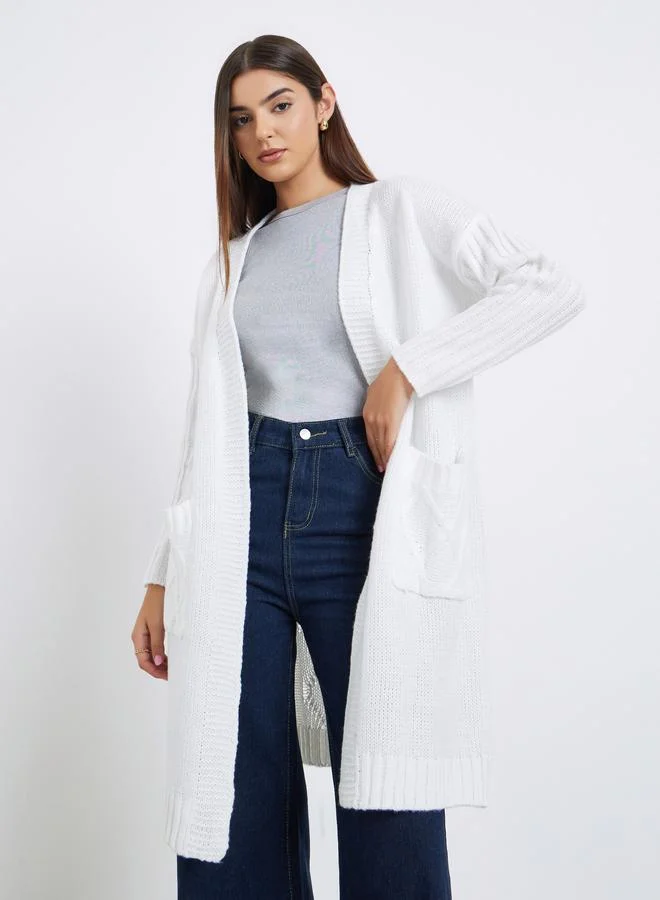 Take Two White Front Open Knit Midi Cardigan