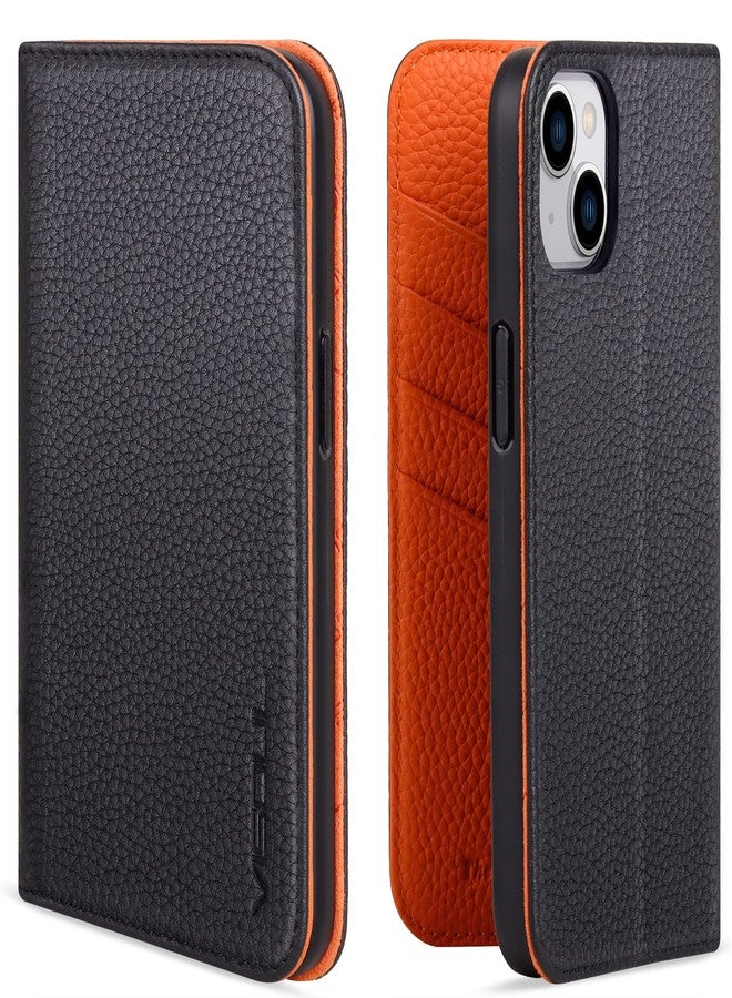 VISOUL Pebbled Leather Case for iPhone 14 Plus, Real Leather Wallet Folio Case with Card Holder Kickstand Magnetic Flip Cover Compatible with iPhone 14 Plus (6.7")-Black+Orange - Image 1