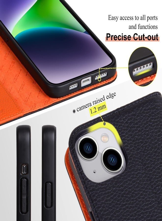 VISOUL Pebbled Leather Case for iPhone 14 Plus, Real Leather Wallet Folio Case with Card Holder Kickstand Magnetic Flip Cover Compatible with iPhone 14 Plus (6.7")-Black+Orange - Image 3