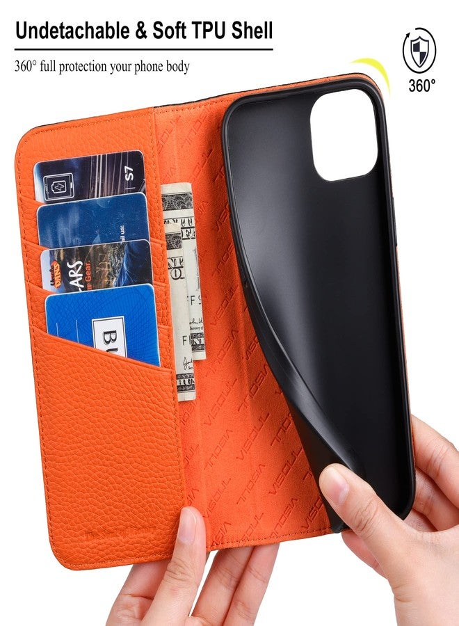 VISOUL Pebbled Leather Case for iPhone 14 Plus, Real Leather Wallet Folio Case with Card Holder Kickstand Magnetic Flip Cover Compatible with iPhone 14 Plus (6.7")-Black+Orange - Image 2