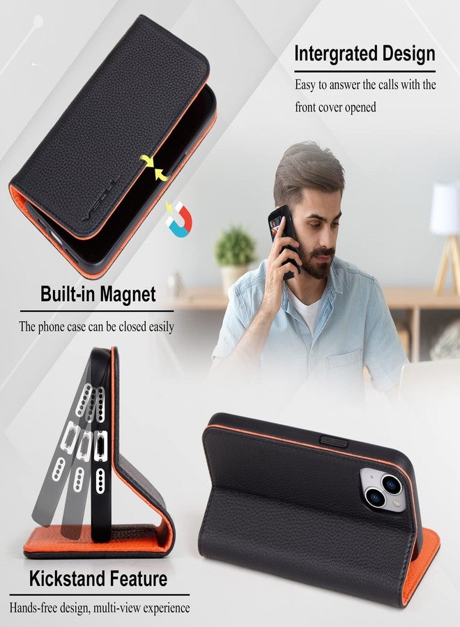 VISOUL Pebbled Leather Case for iPhone 14 Plus, Real Leather Wallet Folio Case with Card Holder Kickstand Magnetic Flip Cover Compatible with iPhone 14 Plus (6.7")-Black+Orange - Image 5