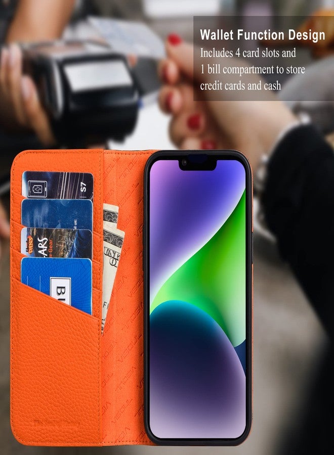 VISOUL Pebbled Leather Case for iPhone 14 Plus, Real Leather Wallet Folio Case with Card Holder Kickstand Magnetic Flip Cover Compatible with iPhone 14 Plus (6.7")-Black+Orange - Image 4