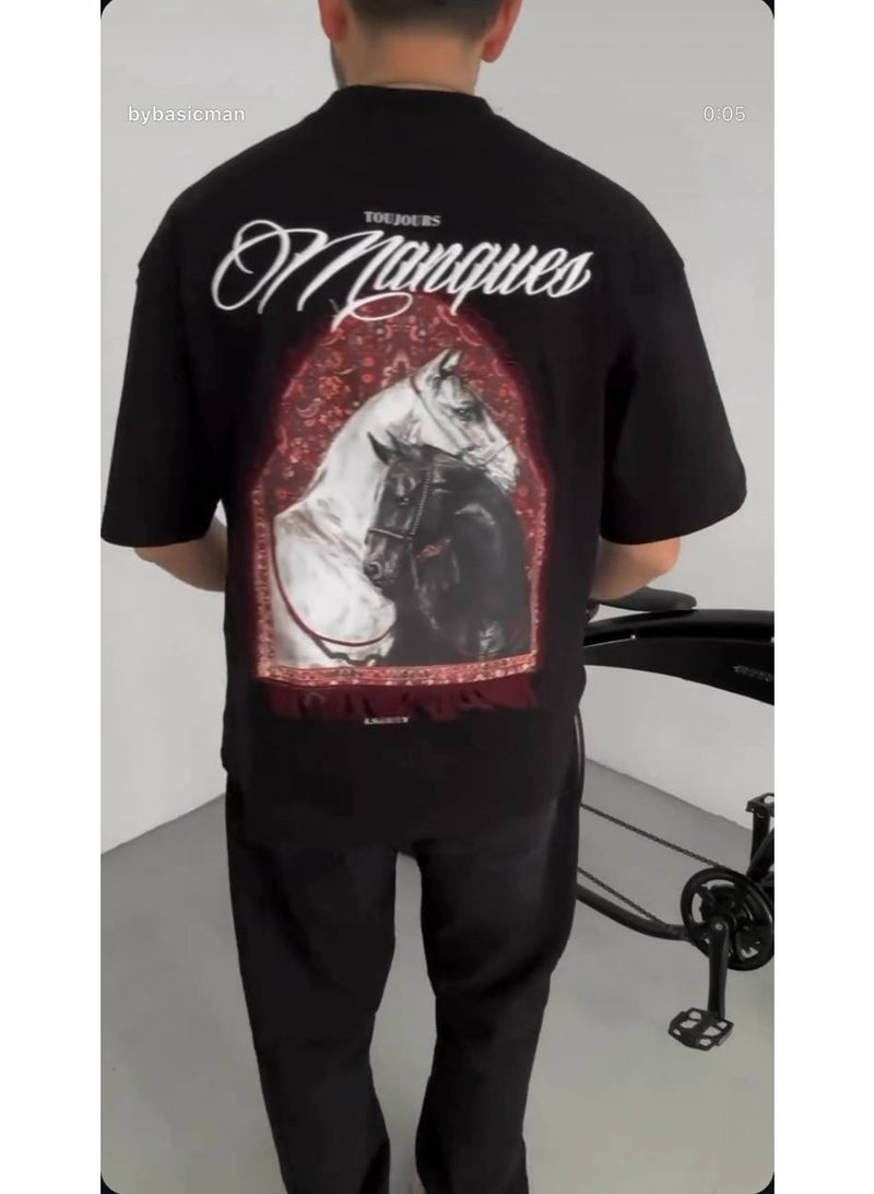 DRO Vintage DRO Vintage Black Oversized Horse Graphic T-Shirt for Men & Women  - Image 2