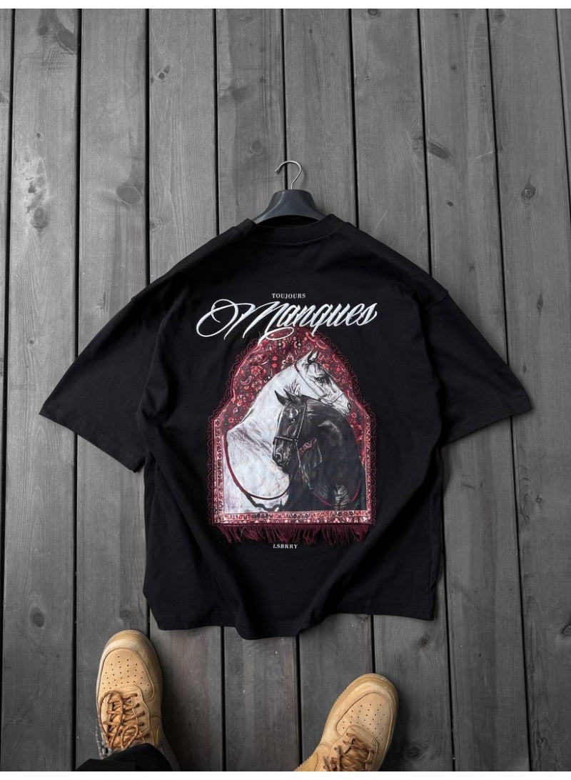 DRO Vintage DRO Vintage Black Oversized Horse Graphic T-Shirt for Men & Women  - Image 1