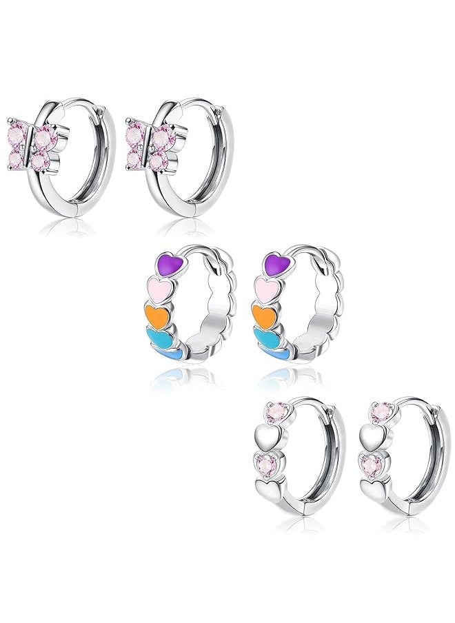 Besteel - 3Pairs Hypoallergenic Hoop Earrings For Women Girls 925 Sterling Silver Post Flowers Heart Butterfly Cubic Zirconia Sleeper Small Huggie Hoop Earrings Set 10Mm - Image 1