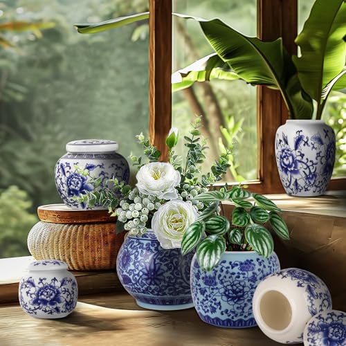 RMERVE Set of 6 Small Blue and White Porcelain Vases Blue Chinoiserie Decor Gifts Ceramic Flower Vases Classic vase for Home Bedroom Table Accent Shelf Tabletop - Image 5