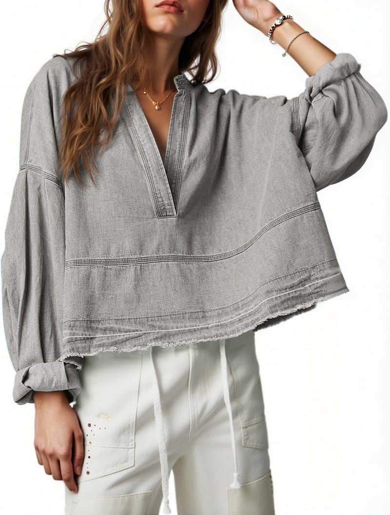 PLNOTME Womens Denim Tops Pullover Trendy Casual V Neck Loose Fit Puff Sleeve Jean Cotton Shirts - Image 1