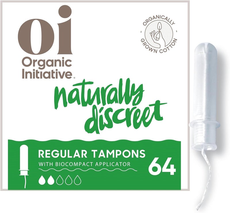Oi Oi | Organic Initiative - Tampons | Regular Absorbency | Organic Cotton, Unscented | Toxin Free, BPA-Free, Plant-Based BioCompact Applicator | 4x16 Pack (64 Count) 