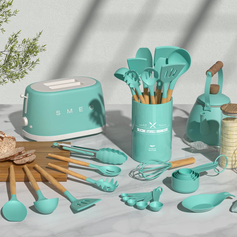 Umite Chef Kitchen Cooking Utensils Set  24 pcs Non-stick Silicone Cooking Kitchen Utensils Spatula Set with Holder  Wooden Handle Heat Resistant Silicone Kitchen Gadgets Utensil Set (Green) - Image 2