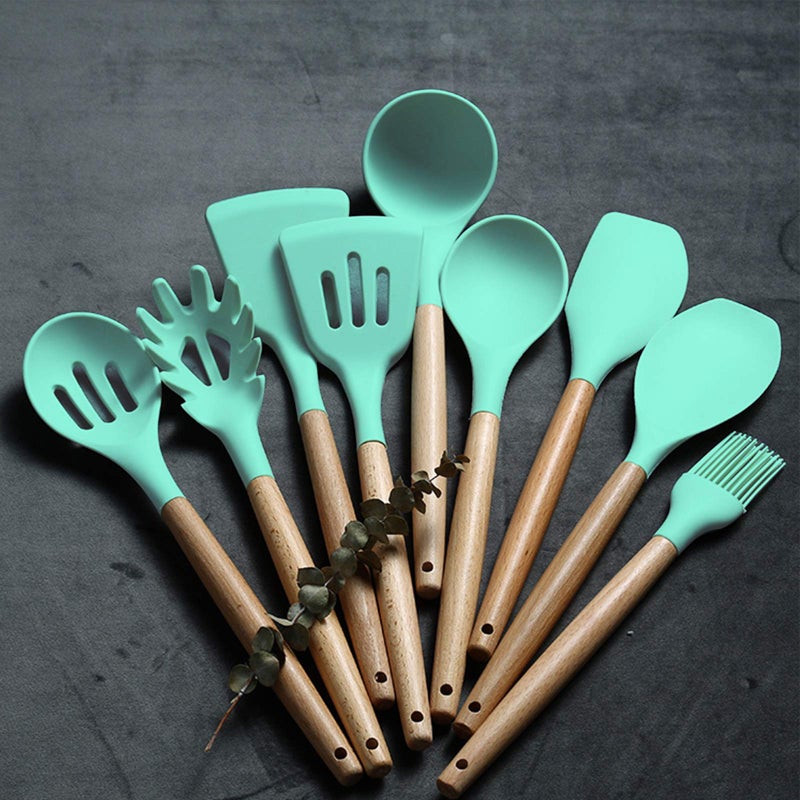 Umite Chef Kitchen Cooking Utensils Set  24 pcs Non-stick Silicone Cooking Kitchen Utensils Spatula Set with Holder  Wooden Handle Heat Resistant Silicone Kitchen Gadgets Utensil Set (Green) - Image 5