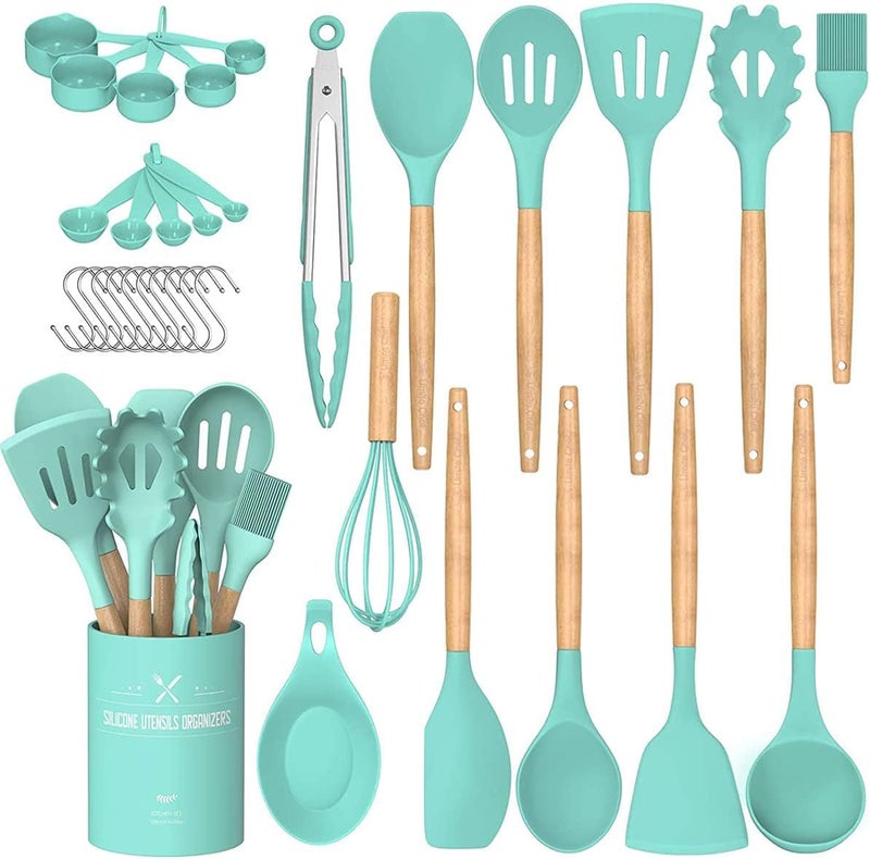 Umite Chef Kitchen Cooking Utensils Set  24 pcs Non-stick Silicone Cooking Kitchen Utensils Spatula Set with Holder  Wooden Handle Heat Resistant Silicone Kitchen Gadgets Utensil Set (Green) - Image 1
