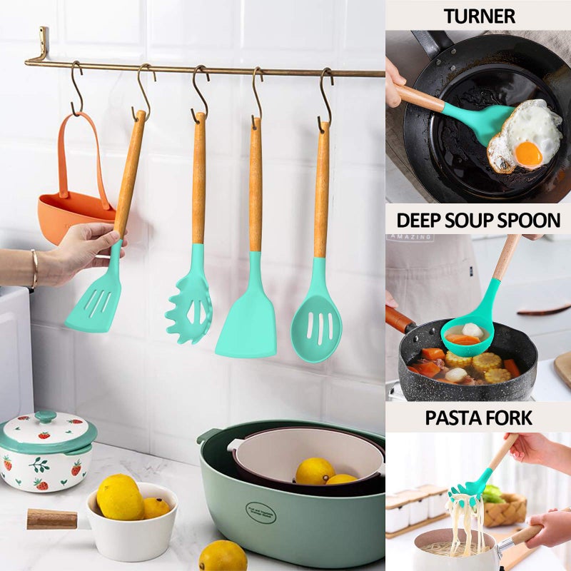 Umite Chef Kitchen Cooking Utensils Set  24 pcs Non-stick Silicone Cooking Kitchen Utensils Spatula Set with Holder  Wooden Handle Heat Resistant Silicone Kitchen Gadgets Utensil Set (Green) - Image 4