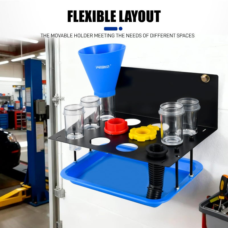 PESIKO Engine Oil Funnel Kit, No Spill Oil Change Funnel Kity with A Fixed Metal Storage Shelf Compatible with Toyota, GM, Honda, Subaru, Ford, Jeep and European, Etc - Image 3