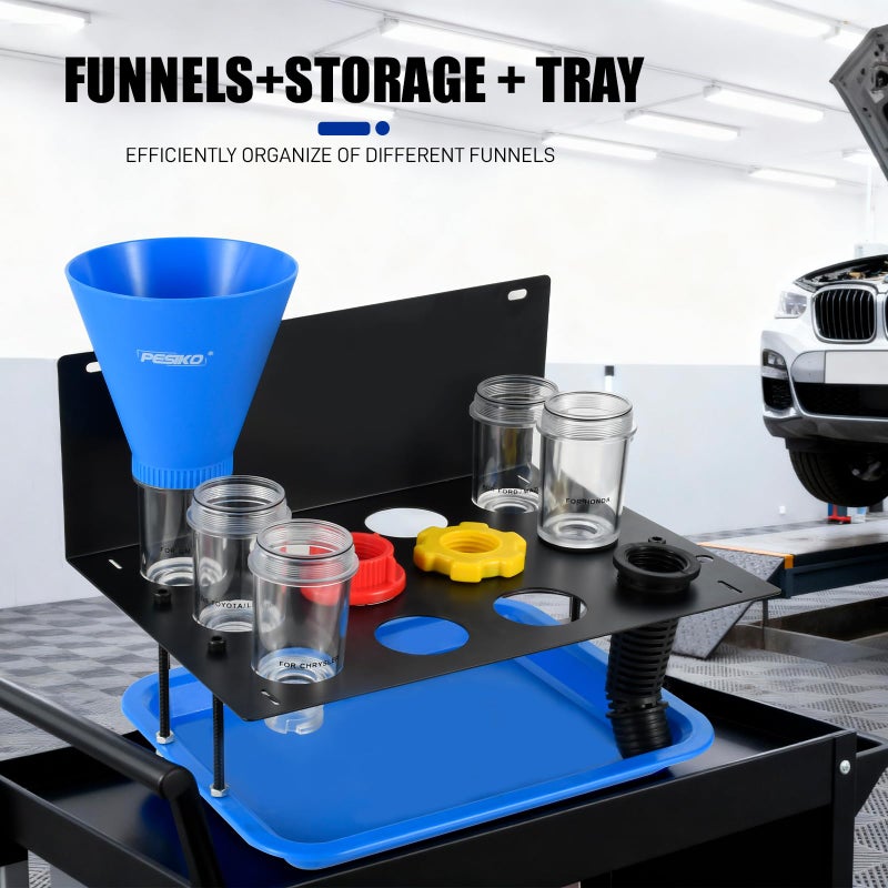 PESIKO Engine Oil Funnel Kit, No Spill Oil Change Funnel Kity with A Fixed Metal Storage Shelf Compatible with Toyota, GM, Honda, Subaru, Ford, Jeep and European, Etc - Image 2