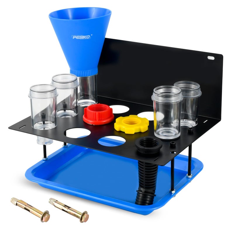 PESIKO Engine Oil Funnel Kit, No Spill Oil Change Funnel Kity with A Fixed Metal Storage Shelf Compatible with Toyota, GM, Honda, Subaru, Ford, Jeep and European, Etc - Image 1