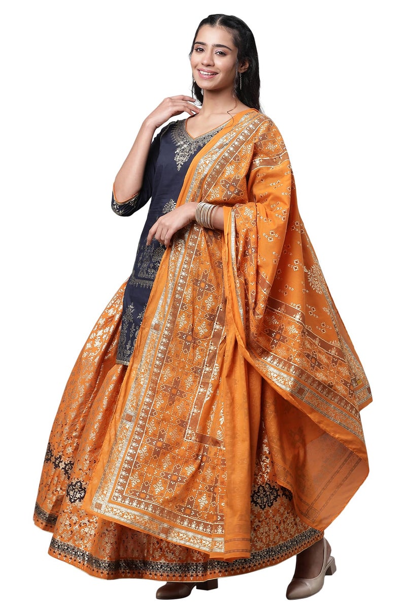 Aurelia Blue Festive Short Kurta, Orange Crinkle Skirt and Dupatta (Size: M)-24AUAS14547-507310 - Image 1